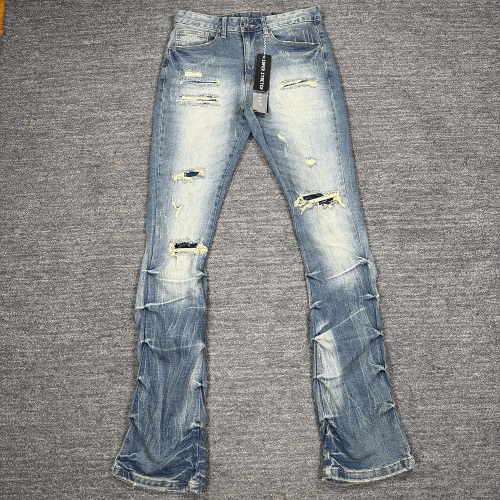 Smoke Rise Stacked Flare Fit Jeans Men 30x36 Blue Denim Distressed Streetwear